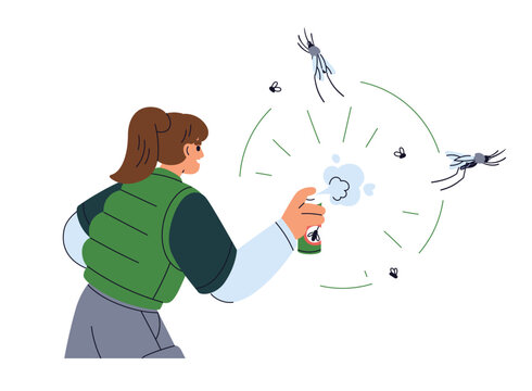 Spraying repellent. Applying anti-mosquito aerosol. Insect bite protection outdoors. Killing bloodsuckers, gnut, midge from sprayer, atomizer. Flat vector illustration isolated on white background