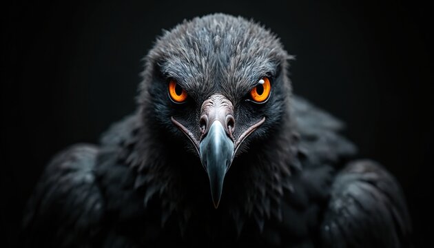 Close up portrait of vulture bird with sharp orange eyes. Dark feathers, intense gaze create fearsome, ominous appearance. This predator bird shows its sharp beak, plumage. Perfect for dark themes.