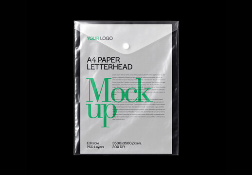 A4 Paper Letterhead Mockup Inside Transparent Plastic Snap Button Envelope