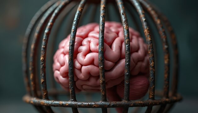 Pink human brain rests in rusty metal cage bars. Symbol of mental block, creative struggle or psychological restraint. Represents inner conflict and thoughts trapped.