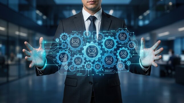 Businessperson managing AI collaboration through multi-agent AI systems and gear icons.