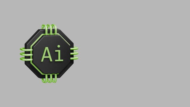 Octagonal AI processor with glowing green electrical pins and digital lettering floating in a minimalist studio for future tech themes