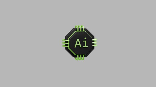 Artificial intelligence microchip with green glowing circuits and AI lettering representing modern neural networks and computing power