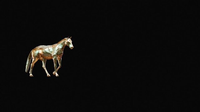 Golden horse sculpture walking across a dark void with colorful spectral highlights and a textured metallic surface finish
