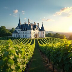 Naklejka premium Elegant chateau sits on hill above rich vineyard rows. Towers with conical roofs and white walls gleam in golden sunset light. Rural French countryside with rolling hills.