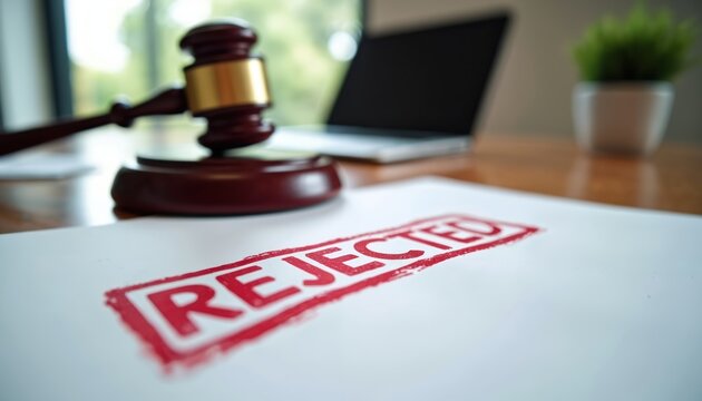 Gavel rests on office desk near rejected document and laptop. Legal decision made in business or courtroom. Official paper stamped with red word rejected.