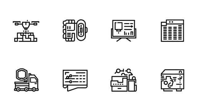 Technological Innovation: Line art icons representing various technology components. Suitable for presentations, website design, and marketing materials.