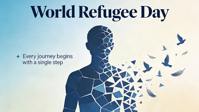 Broken human silhouette and flying bird, representing World Refugee Day, conveying hope for reconstruction and new vitality, adapted to the theme poster
