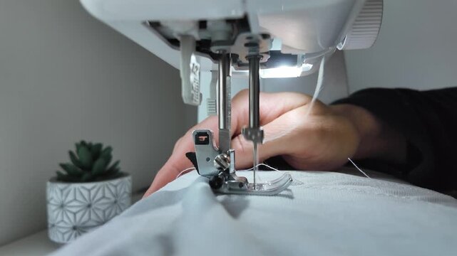 Close up of man guiding white fabric under sewing machine needle during stitching. Tailoring process, garment repair and handmade textile work concept.