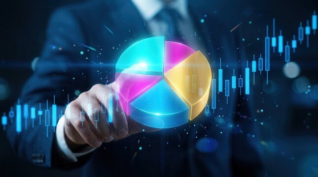 Investor rebalancing a diversified investment portfolio using a digital pie chart and candlestick graph.