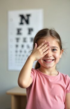 Young girl smiles, covers eye during vision test. Child sits near eye chart in clinic. Pediatric vision screening checkup. Healthy eyesight for kids.