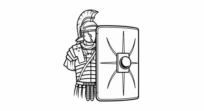 Line art of a Roman soldier in armor holding a shield