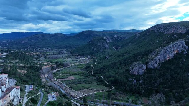 Aerial Drone View of Turia Canyon Nature and Cliffs Valencia Spain
