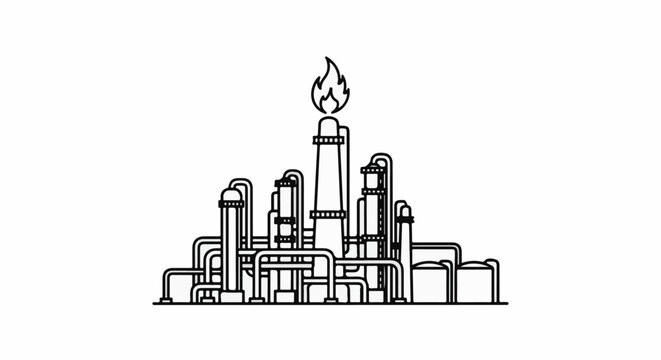 Stylized industrial complex with smoke stack burning gas