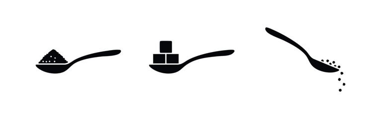 Set of black icons depicting a spoon with powder, sugar cubes, and falling granules. Flat design for cooking, recipe, and nutrition concepts. © Lili