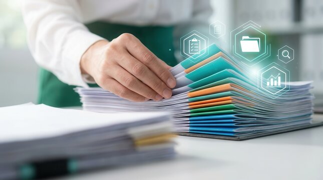 Professional accountant auditing office documents and reviewing a plan process.