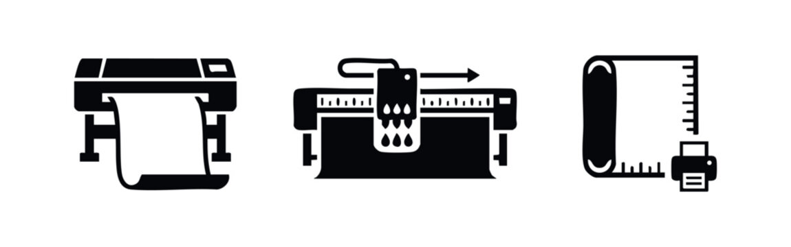 Set of three black and white minimalist icons representing wide-format printers, plotters, and roll paper for professional printing services.