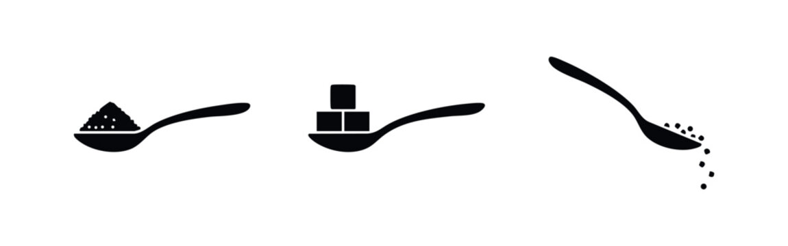 Set of black icons depicting a spoon with powder, sugar cubes, and falling granules. Flat design for cooking, recipe, and nutrition concepts.