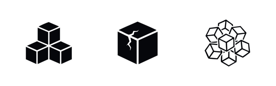 Set of minimalist 3D cube icons including a stack, a cracked cube, and a cluster of outlines. Clean black and white geometric vector symbols.