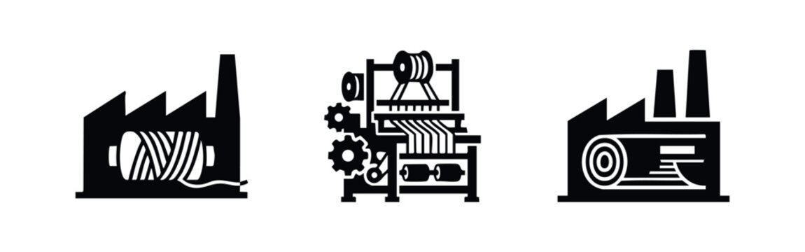 Set of textile industry icons featuring a factory with thread, a weaving loom machine, and a fabric mill. Minimalist black and white symbols.