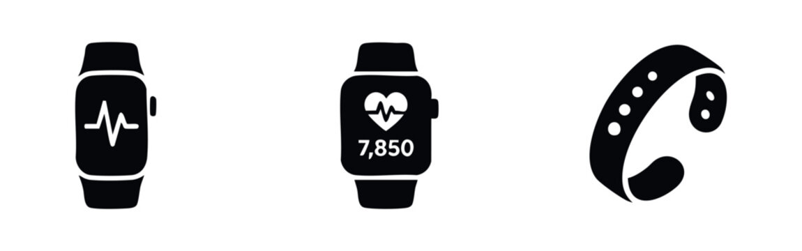 Set of minimalist black smartwatch and fitness tracker icons featuring heart rate monitor and step counter for health and technology concepts.