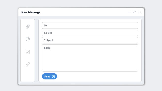 Email compose UI vector template design. New message window panel layout. Clean mail form field input screen. Send button minimal white interface. Digital communication business concept.