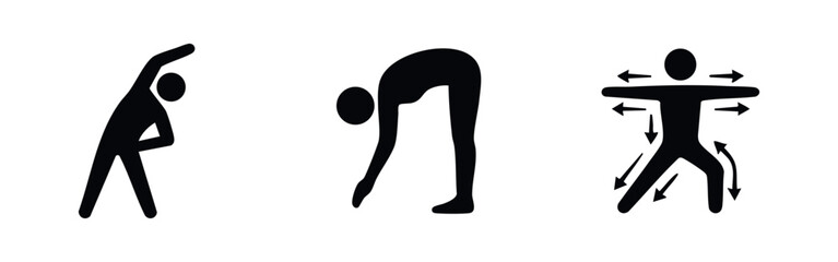 Minimalist black and white icons illustrating stretching and warmup exercises, featuring side bends, forward folds, and dynamic movements. © Lili