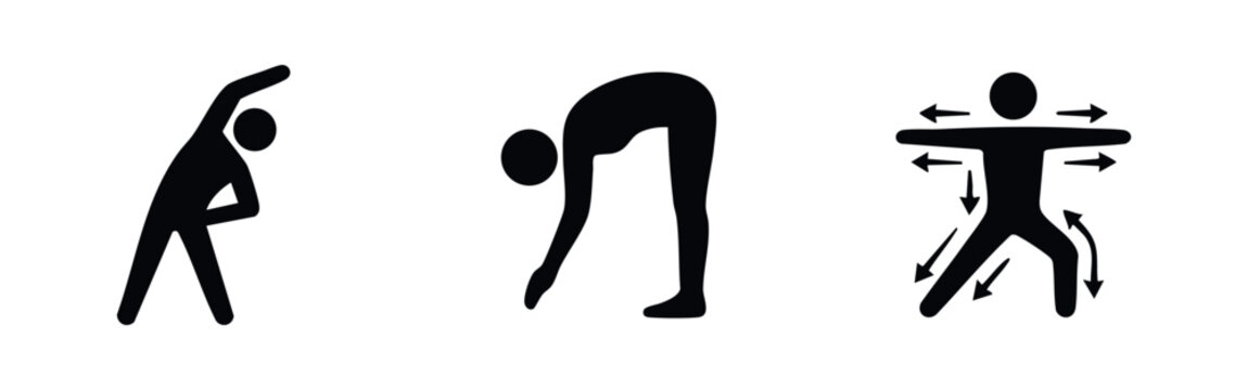 Minimalist black and white icons illustrating stretching and warmup exercises, featuring side bends, forward folds, and dynamic movements.