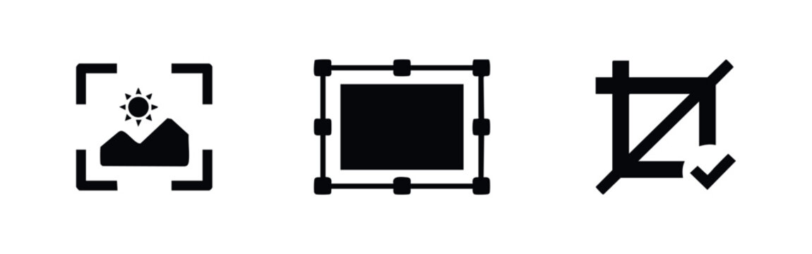 Set of minimalist black icons representing digital photography tools: image capture, resizing with transformation handles, and a crop tool.