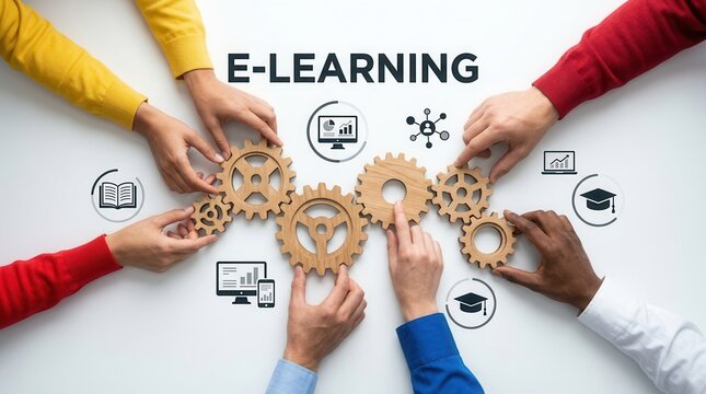 Hands assembling wooden gears to symbolize collaboration in e-learning processes.