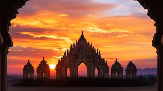 Majestic Ancient Temple Silhouette Against a Fiery Sunset in Bagan, Myanmar, Vibrant Landscape