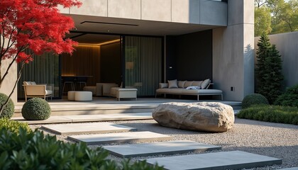 Naklejka premium Modern house with minimalist stone garden patio. Large boulder sits near path, red maple tree offers contrast. Outdoor seating area faces backyard.