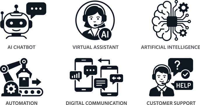 A black and white illustration showcasing various concepts related to artificial intelligence and digital communication