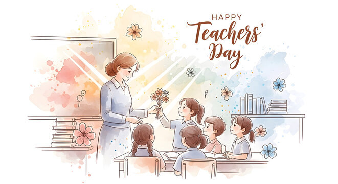 Watercolor illustration of a teacher with students for teachers' day