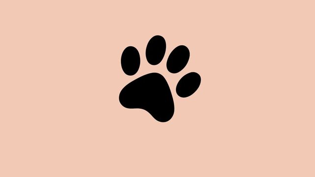 Black animal paw print icon with a playful bouncing animation isolated on a light peach background