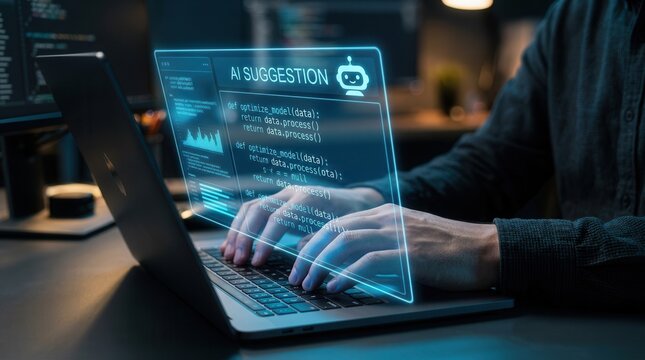AI-powered code suggestion displayed on a laptop screen for software development.