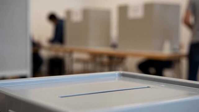 Hand placing a ballot into a voting box at a polling station, suitable for elections, democracy, civic participation, governance, rights, and public decision making concepts.