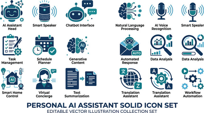 A collection of solid icons for a personal AI assistant, including smart speaker, chatbot interface, and workflow automation.