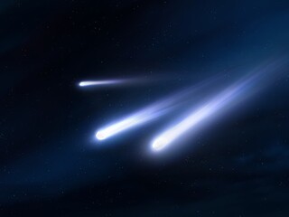 Glowing meteorites in the starry sky. Celestial bodies ignited in the atmosphere. Shooting stars against a dark background. © Nazarii
