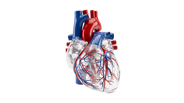 3D medical illustration of human heart anatomy with detailed vascular system and coronary arteries