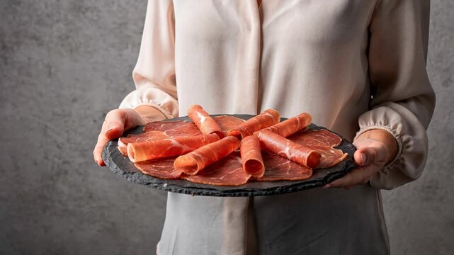 Woman Hold Appetizing Raw Cured Meat Slices on Dark Plate for Serving