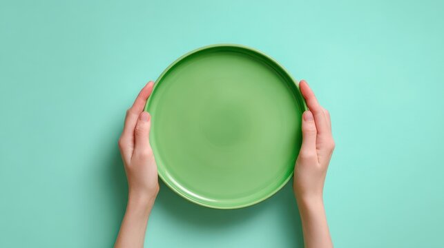 Top view of hands holding an empty green plate over a mint green background