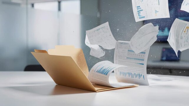 Business Documents Fly into Manilla Folder on Office Table