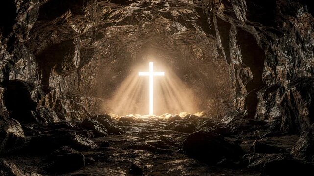 Glowing Cross Light Rays and Dust Particles in Dark Cave Loop