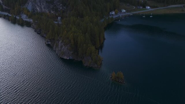 Lake Sils in Engadin valley near Maloja Pass, Switzerland. Aerial drone view