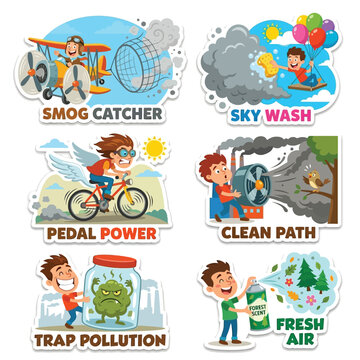 Whimsical 2D Stickers Of Pilots Catching Smog With Giant Nets And Scrubbing Clouds With Sponges For World Environment Day Air Quality Pollution Control Atmosphere Protection And Eco Life Graphics