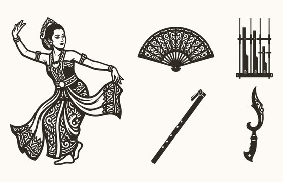 Sundanese Jaipong dancer with traditional musical instruments and cultural symbols vector illustration