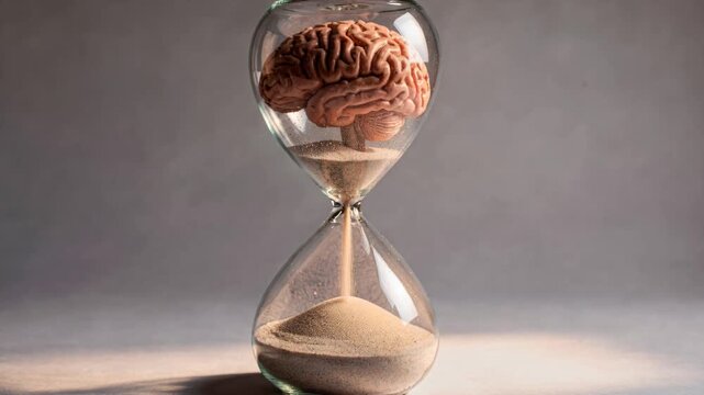 Human Brain Inside Hourglass with Sand Pouring - Time and Thought Concept