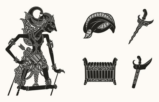 Wayang Kulit Shadow Puppet with Traditional Javanese Keris and Blangkon Vector Graphic