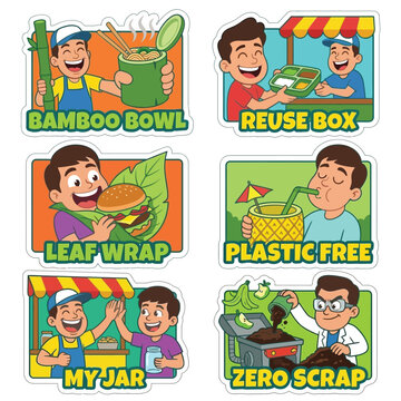 Local 2D Stickers Of Vendors Serving Food In Bamboo Stems And Reusable Bento Boxes For World Environment Day Eco Friendly Street Food Culture Zero Waste Catering And Green Eating Lifestyle Art